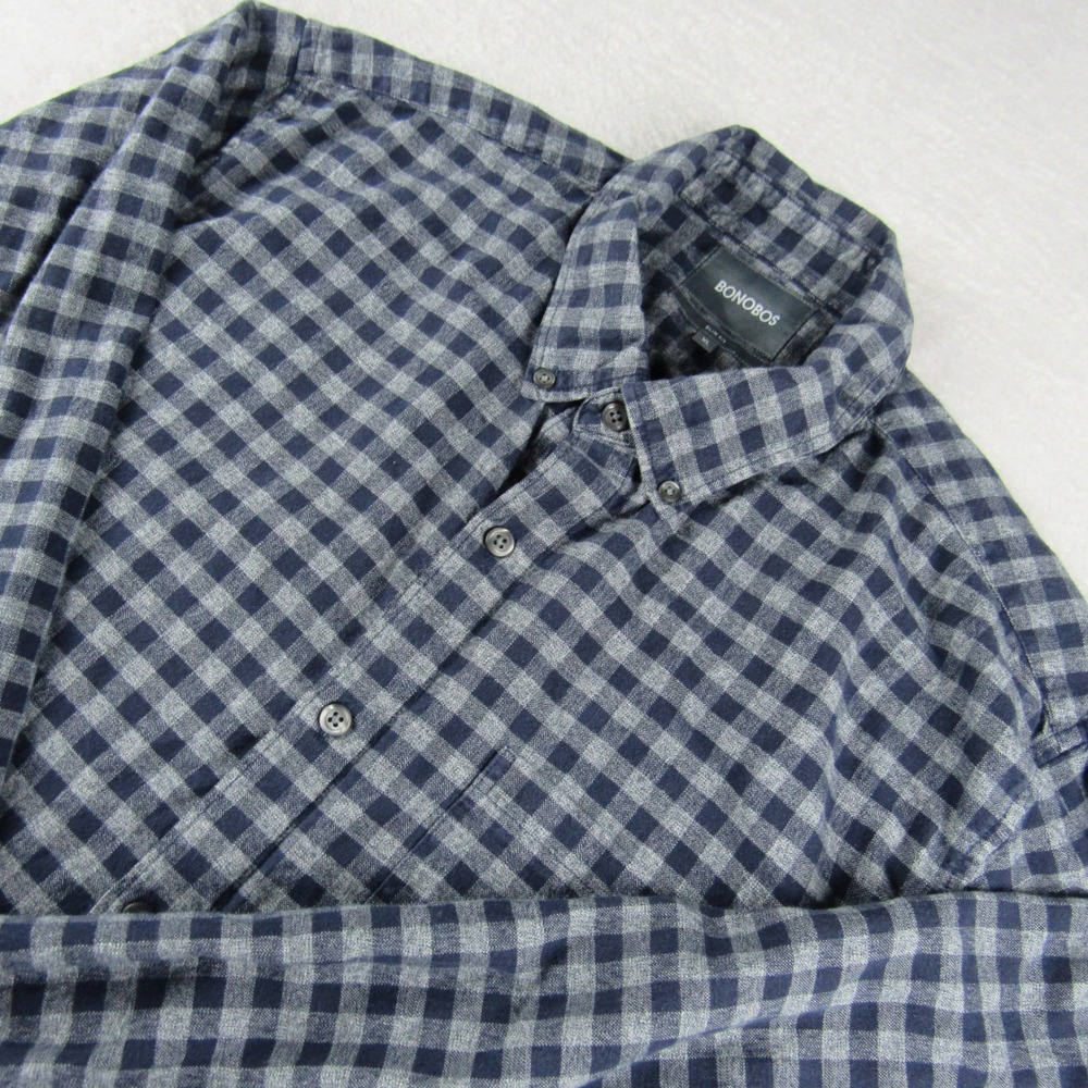 Bonobos Flannel Shirt Mens XL Navy Gray Slim Fit Gingham Check